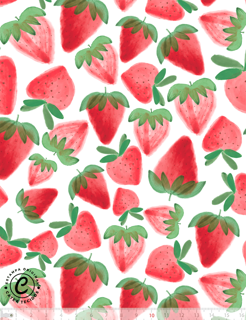 Tecido Tricoline Especial Coleção Frutas Aquarela - Morangos e Folhas - 100% Algodão - Largura 1,50m