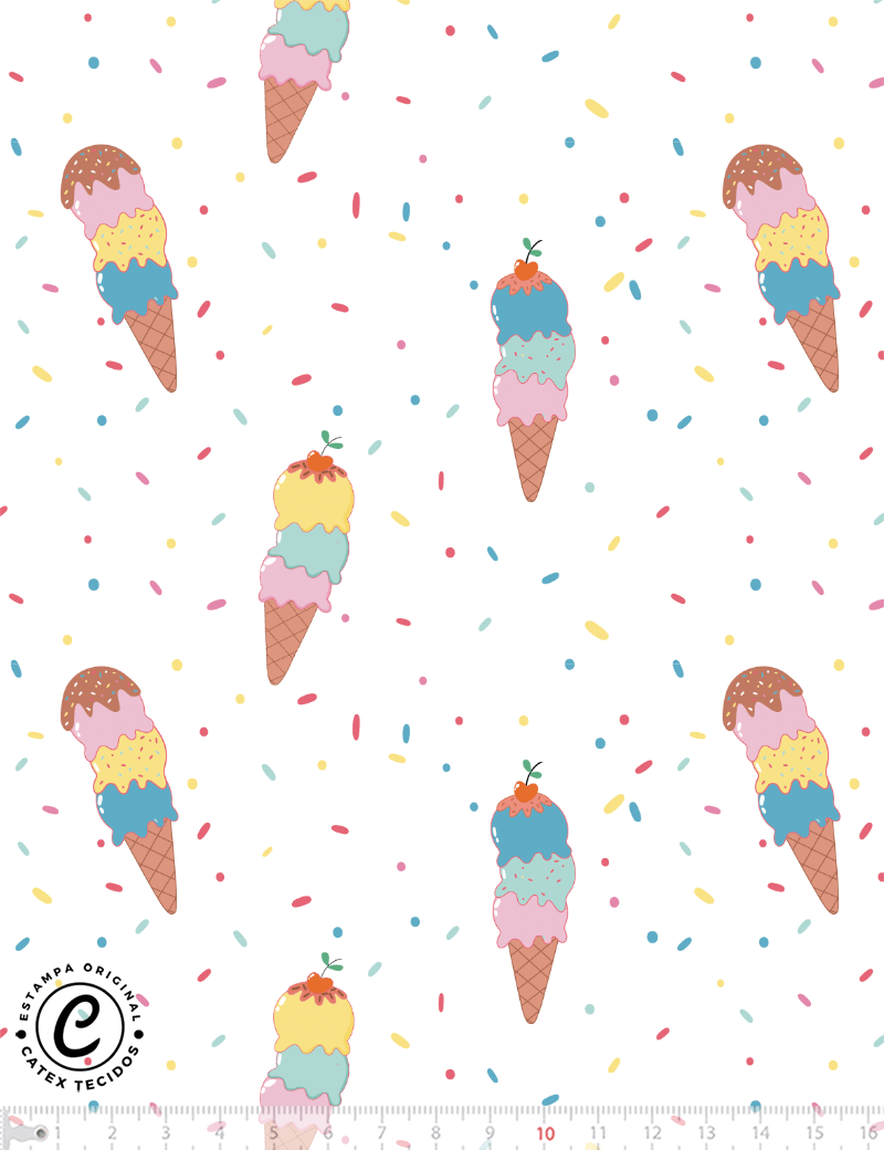 Tecido Tricoline Especial Coleção Happy Sweets - Casquinhas e Confete - 100% Algodão - Largura 1,50m