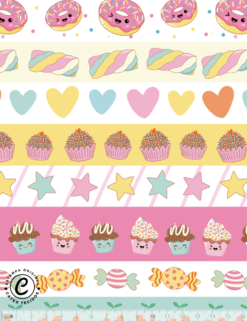 Tecido Tricoline Especial Coleção Happy Sweets - Docinhos e Estrelinhas - 100% Algodão - Largura 1,50m