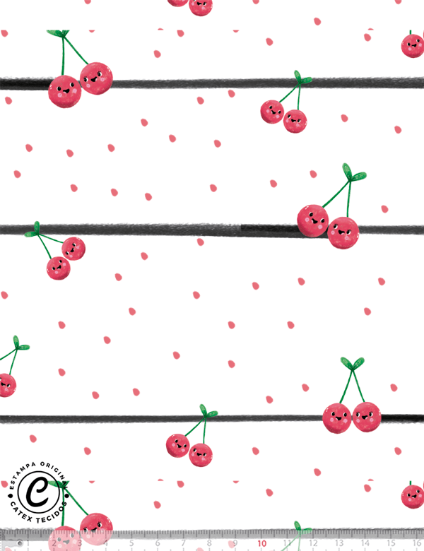 Tecido Tricoline Especial Coleção Hortinha Feliz - Cerejinhas - 100% Algodão - Largura 1,50m