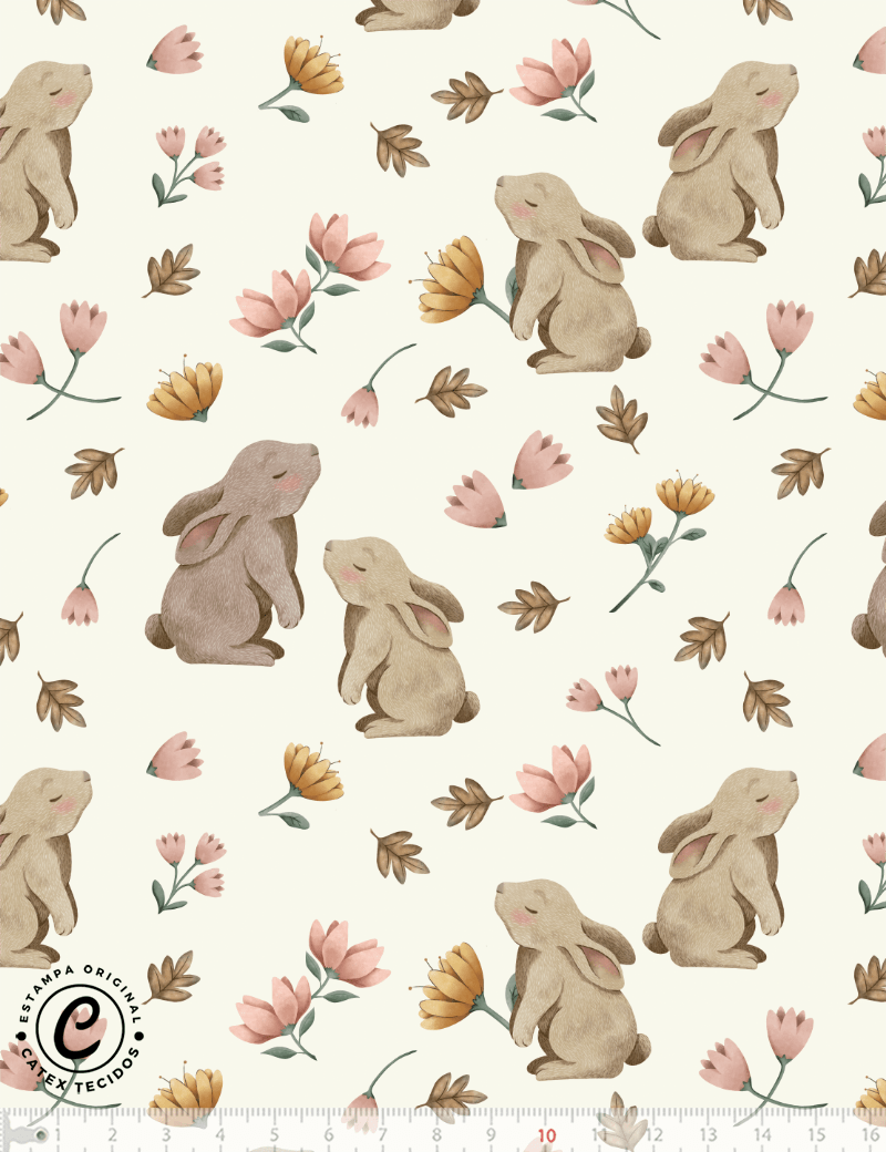 Tecido Tricoline Especial Coleção Inverno No Bosque - Coelhos e Flores - 100% Algodão - Largura 1,50m