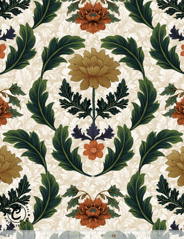 Tecido Tricoline Especial Coleção Páscoa Jardim Imperial – Floral Barroco & Folhagens - 100% Algodão - Largura 1,50m