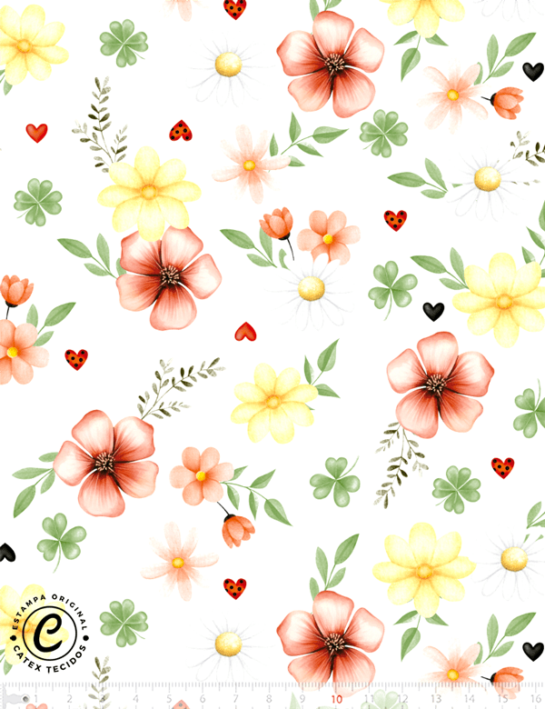 Tecido Tricoline Especial Coleção Joaninha e Flores - Flores e Corações - 100% Algodão - Largura 1,50m