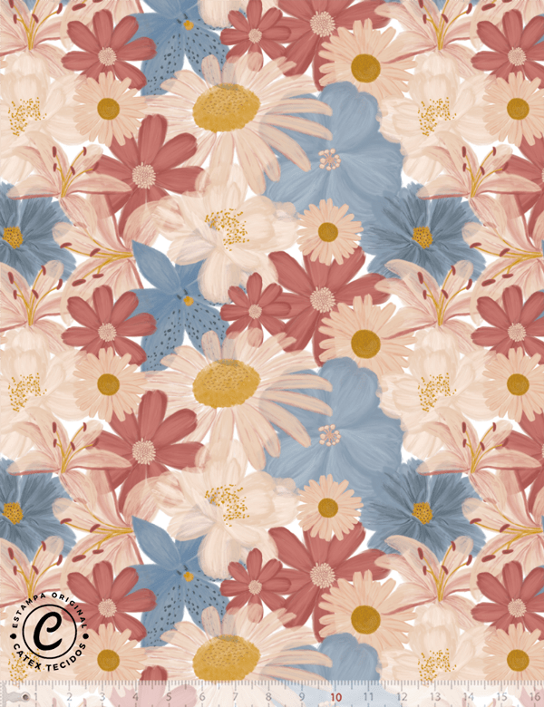 Tecido Tricoline Especial Coleção Liberdade - Flores Grandes - 100% Algodão - Largura 1,50m