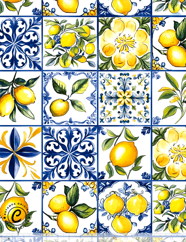 Tecido Tricoline Especial Coleção Mesa Azul - Azulejo e Cores - 100% Algodão - Largura 1,50m