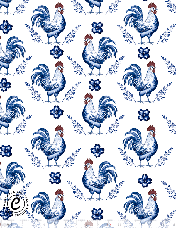 Tecido Tricoline Especial Coleção Mesa Azul - Galo - 100% Algodão - Largura 1,50m