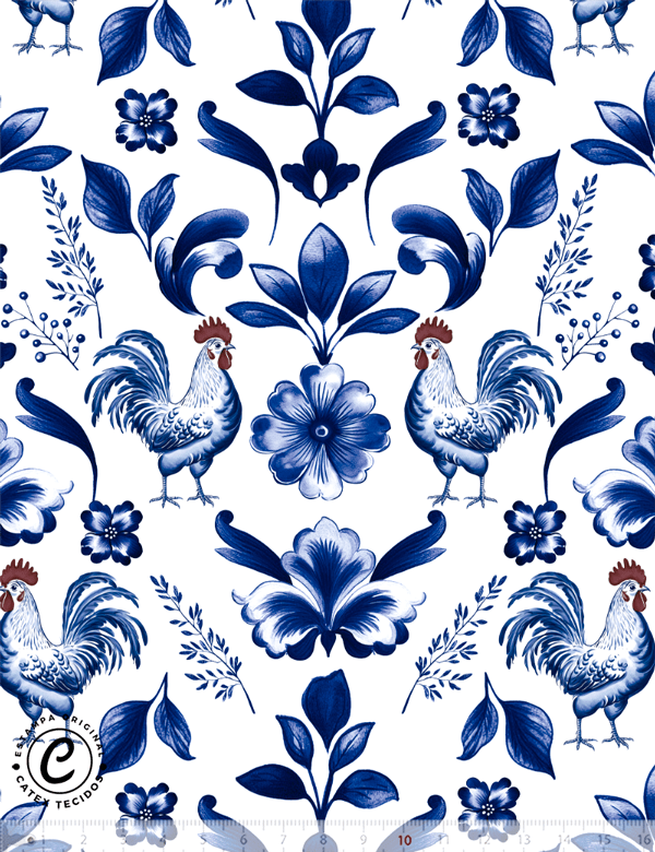 Tecido Tricoline Especial Coleção Mesa Azul - Galos e Flores - 100% Algodão - Largura 1,50m