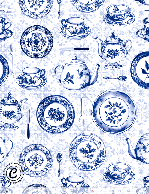 Tecido Tricoline Especial Coleção Mesa Azul - Porcelana - 100% Algodão - Largura 1,50m