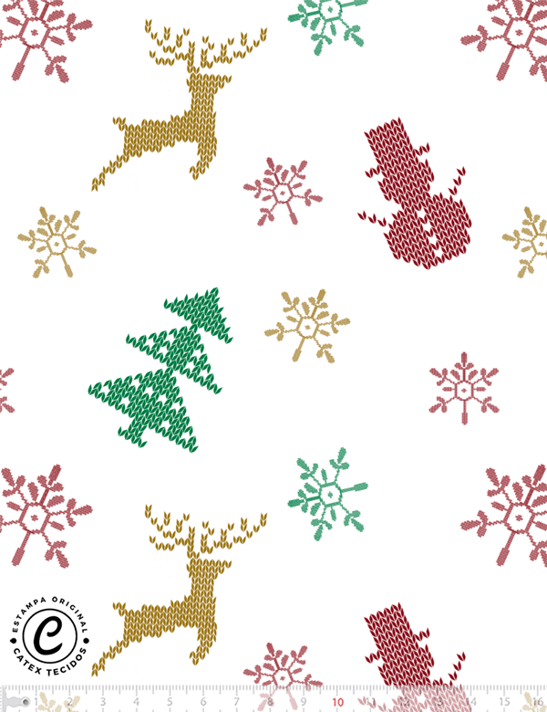 Tecido Tricoline Especial Coleção Natal Encantado - Bordado Colorido - Renas e Árvores de Natal - 100% Algodão - Largura 1,50m