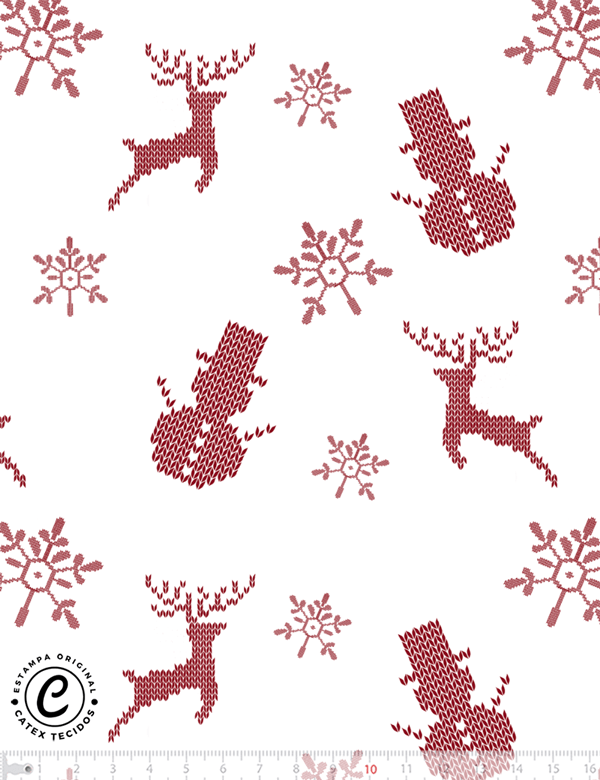 Tecido Tricoline Especial Coleção Natal Encantado - Bordado Vermelho - Renas e Bonecos de Neve - 100% Algodão - Largura 1,50m