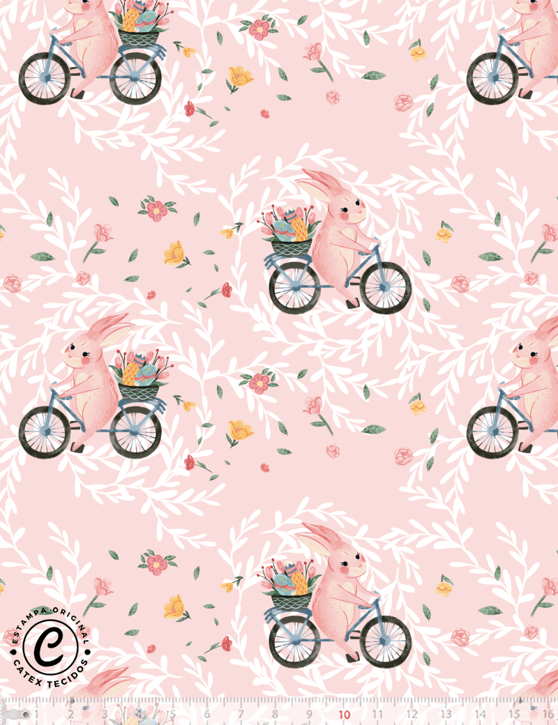 Tecido Tricoline Especial Coleção Páscoa - Coelhinho de Bicicleta - 100% Algodão - Largura 1,50m