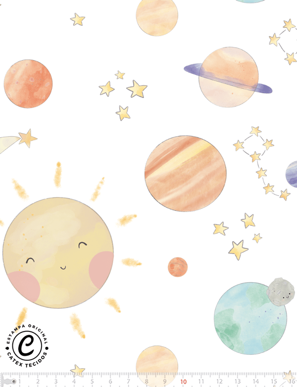 Tecido Tricoline Especial Coleção Pequenos Astronautas - Sol e Planetas - 100% Algodão - Largura 1,50m