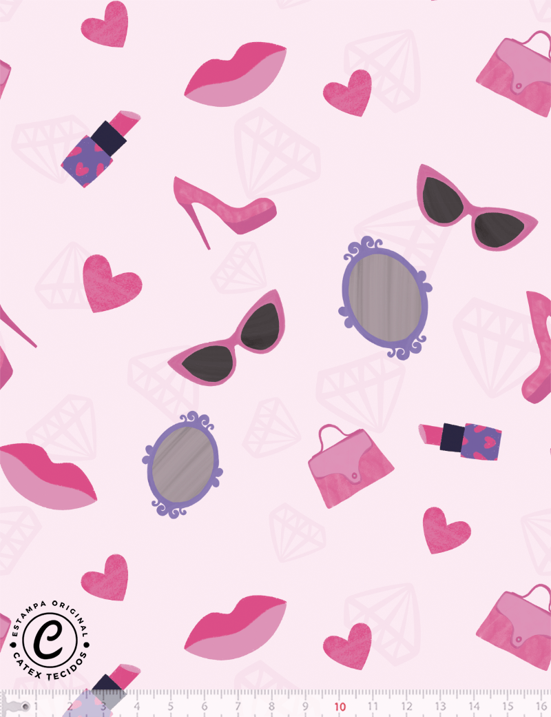 Tecido Tricoline Especial Coleção Pink Girl - Acessórios - Fundo Rosa - 100% Algodão - Largura 1,50m