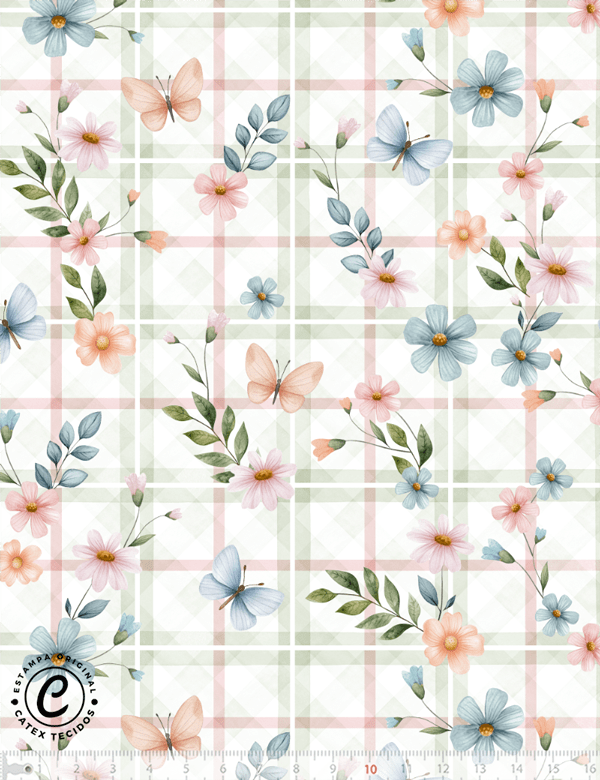 Tecido Tricoline Especial Coleção Piquenique - Borboletas e Flores - 100% Algodão - Largura 1,50m