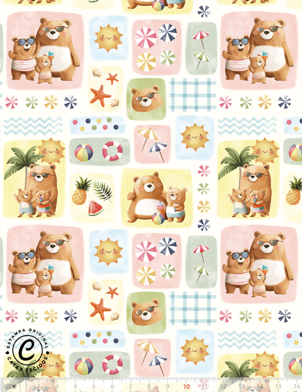 Tecido Tricoline Especial Coleção Ursinhos Tropicais - Família Urso - 100% Algodão - Largura 1,50m
