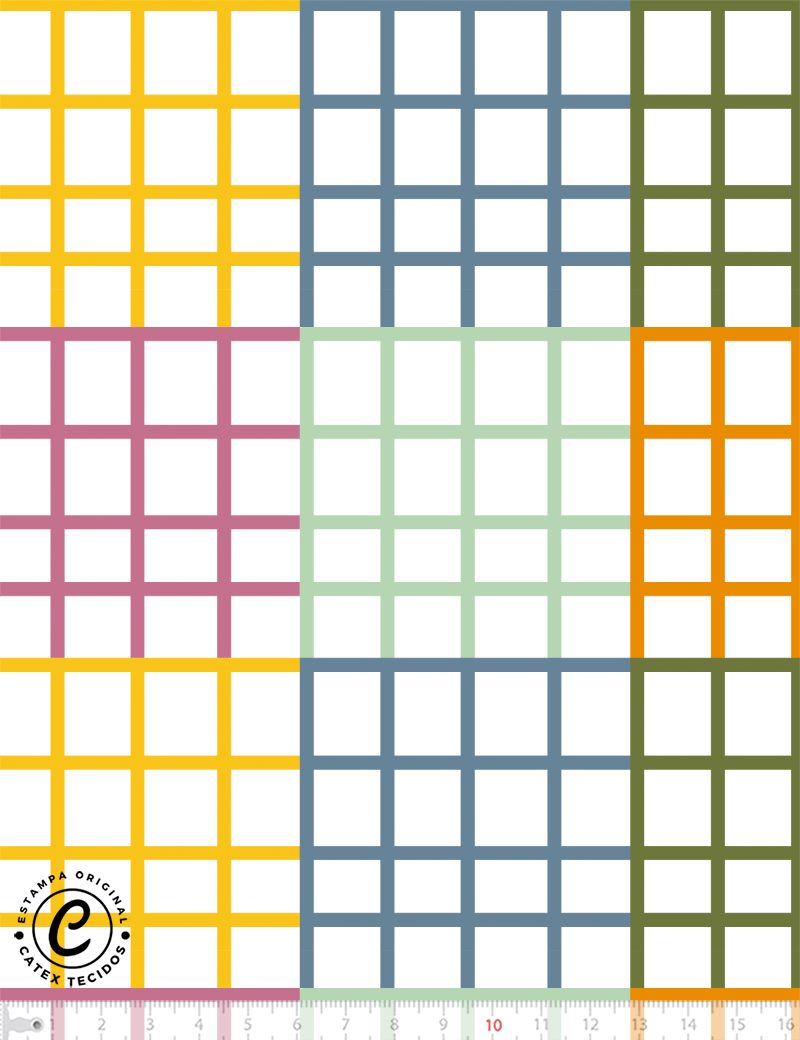Tecido Tricoline Especial Coleção Vale dos Dinossauros - Grid Colorido - 100% Algodão - Largura 1,50m