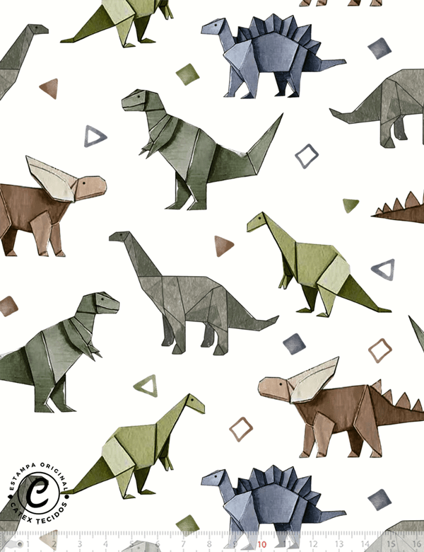 Tecido Tricoline Especial Dino Origami - 100% Algodão - Largura 1,50m
