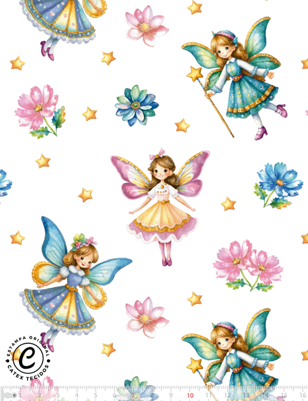 Tecido Tricoline Especial Fadas e Flores - 100% Algodão - Largura 1,50m