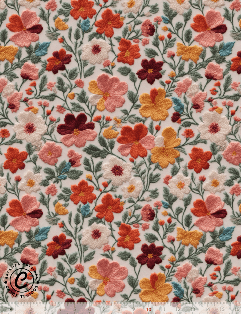 Tecido Tricoline Especial Floral Bordado 3D - Charmant - 100% Algodão - Largura 1,50m