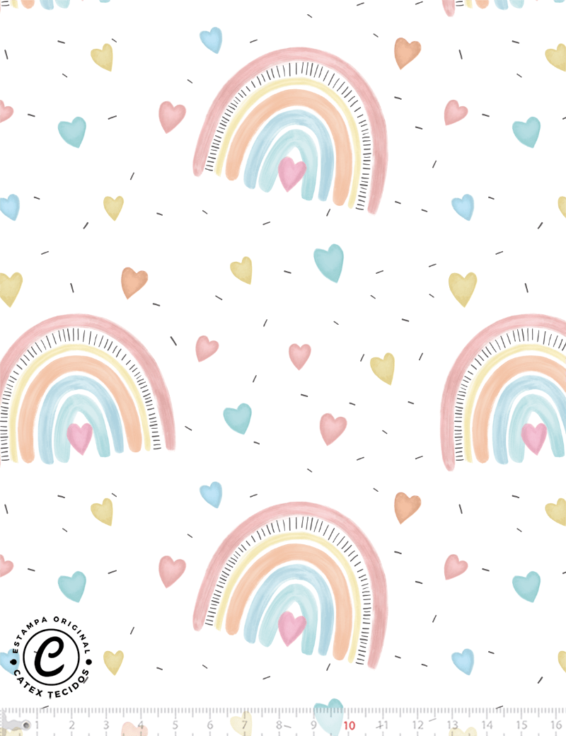 Tecido Tricoline Especial Rainbow Hearts Candy Colors - 100% Algodão - Largura 1,50m