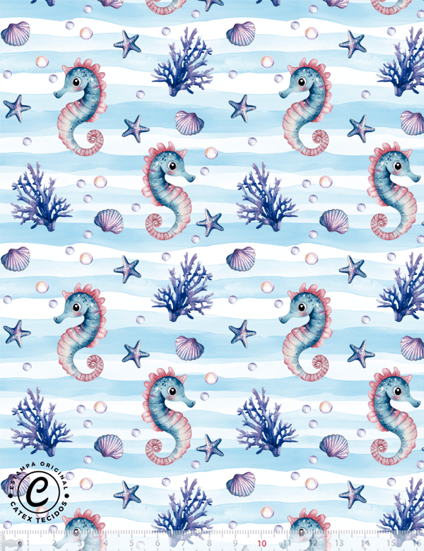 Tecido Tricoline Especial Seahorse - Cavalo-Marinho - 100% Algodão - Largura 1,50m