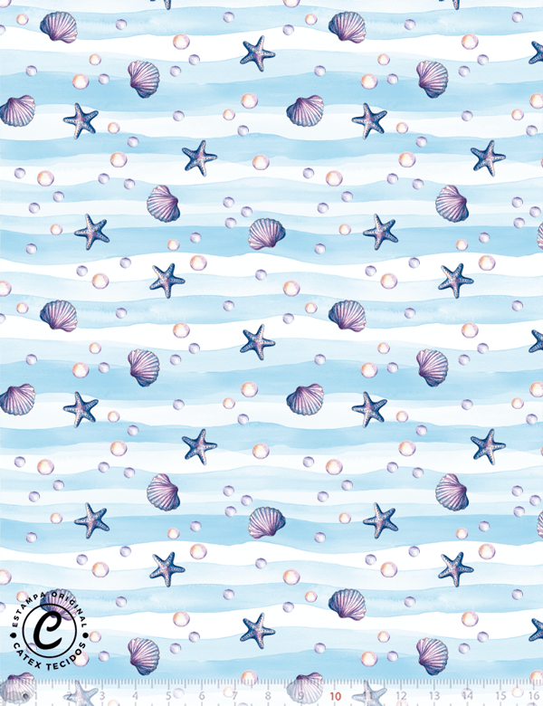 Tecido Tricoline Especial Seahorse - Conchas - 100% Algodão - Largura 1,50m