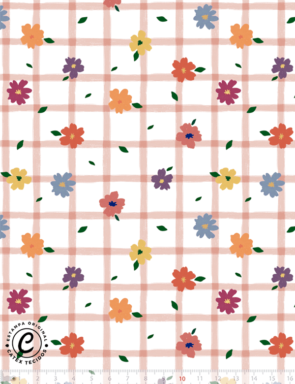 Tecido Tricoline Especial Xadrez Floral Pincelado - 100% Algodão - Largura 1,50m