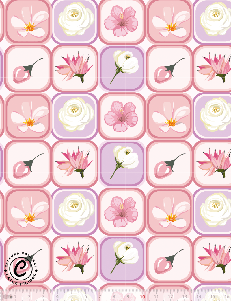Tecido Tricoline Coleção Mundo de Alegria Composê - Flores na Moldura - 100% Algodão - Largura 1,50m