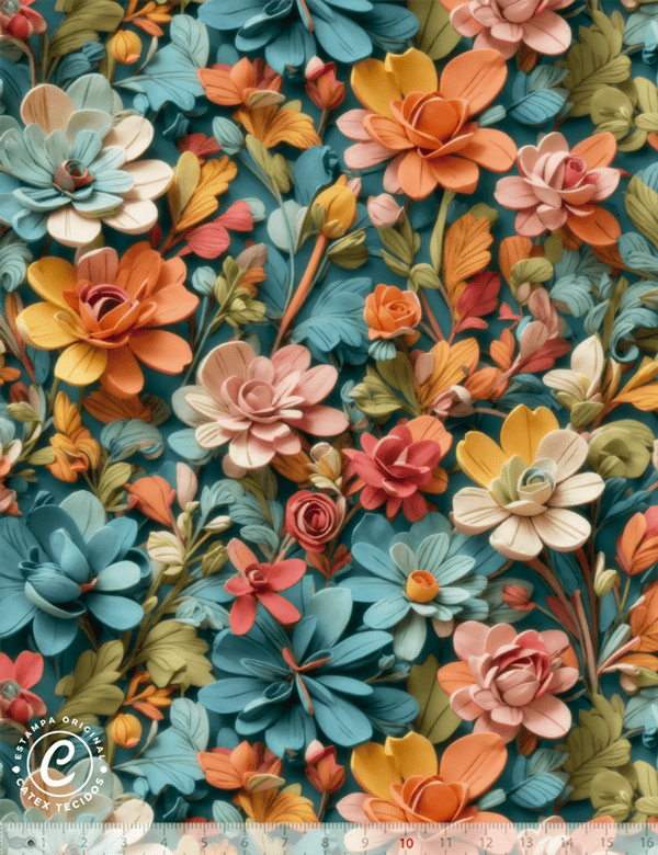 Tecido Tricoline Especial Coleção 3D - Floral 06 - 100% Algodão - Largura 1,50m