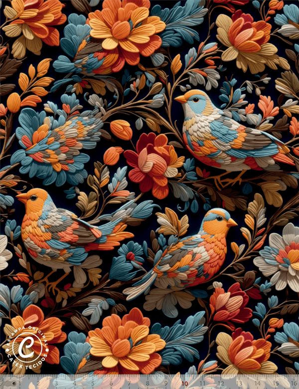 Tecido Tricoline Especial Coleção 3D - Floral 10 - Passarinhos Coloridos - 100% Algodão - Largura 1,50m