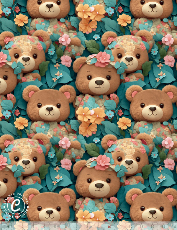 Tecido Tricoline Especial Coleção 3D - Floral 21 - Ursinhos de Pelúcia - 100% Algodão - Largura 1,50m