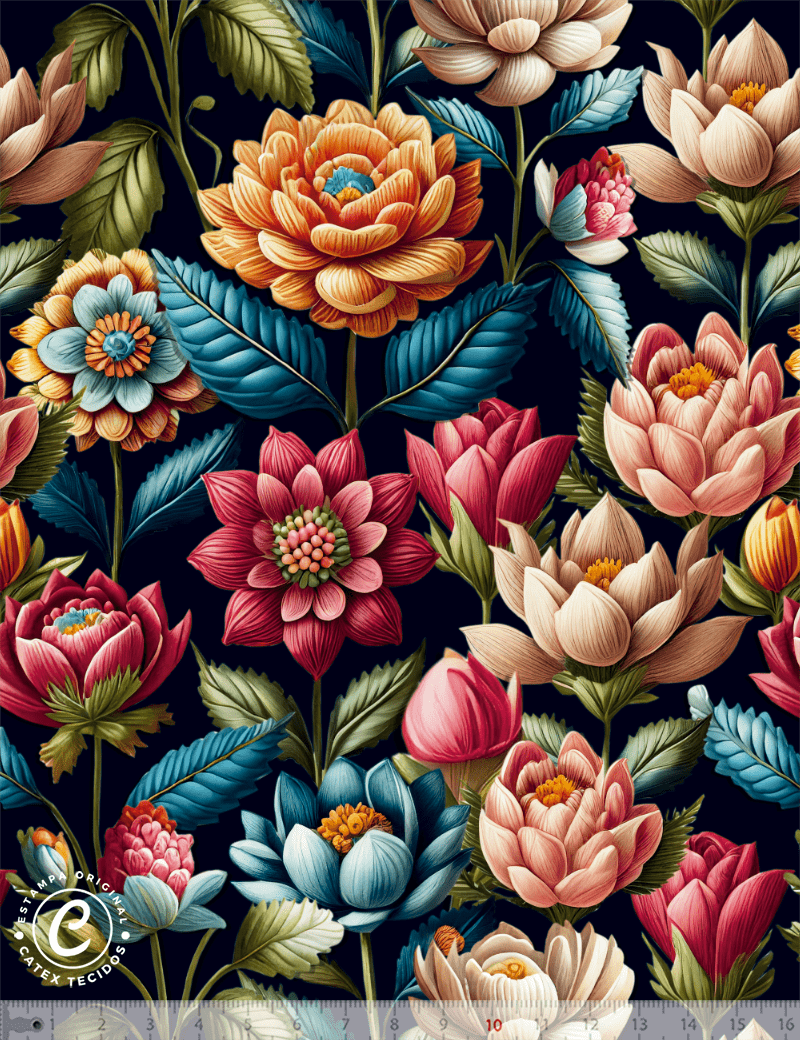 Tecido Tricoline Especial Coleção 3D - Floral Dark - 100% Algodão - Largura 1,50m