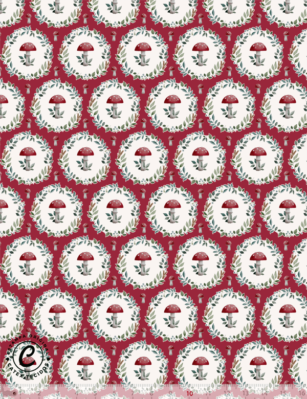 Tecido Tricoline Especial Coleção Mimomelo por Vanessa Guimarães - Guirlanda Cogumelos - Vermelho - 100% Algodão - Largura 1,50m