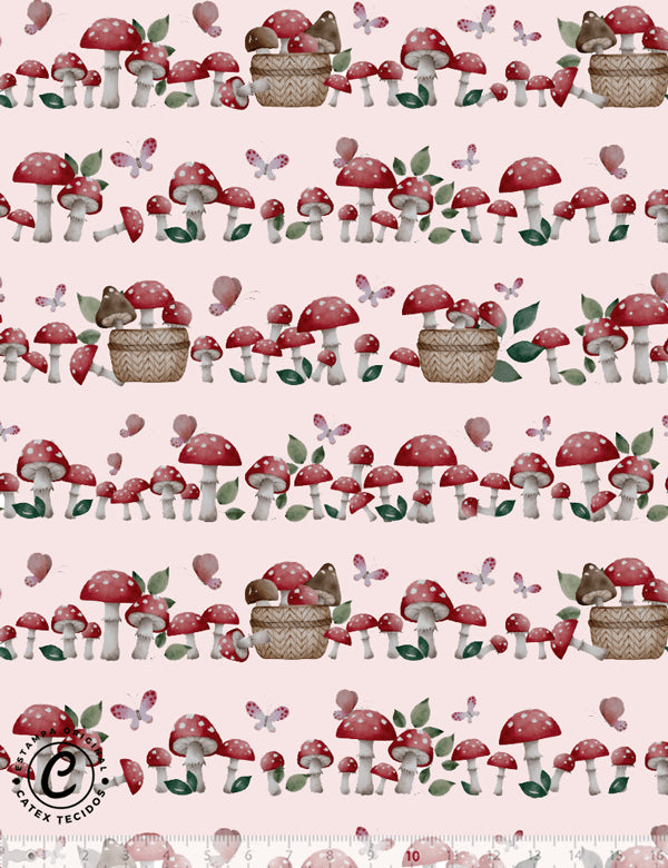 Tecido Tricoline Especial Coleção Mimomelo por Vanessa Guimarães - Jardim de Cogumelos - Rosa - 100% Algodão - Largura 1,50m