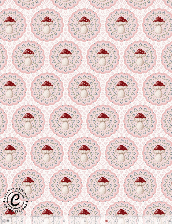 Tecido Tricoline Especial Coleção Mimomelo por Vanessa Guimarães - Renda Cogumelo - Rosa - 100% Algodão - Largura 1,50m