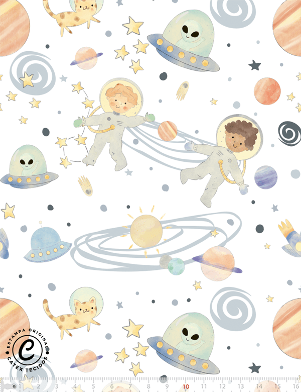 Tecido Tricoline Especial Coleção Pequenos Astronautas - Alienígenas na Galáxia - 100% Algodão - Largura 1,50m
