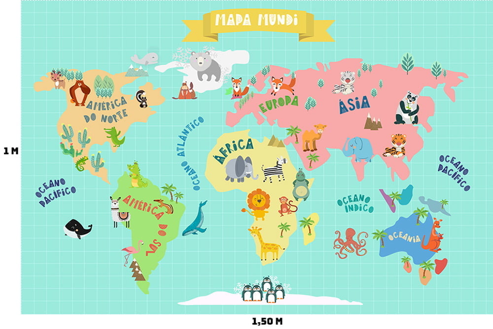 Tecido Tricoline Digital Mapa Mundi Divertido - 100% Algodão - 1m x 1,50m