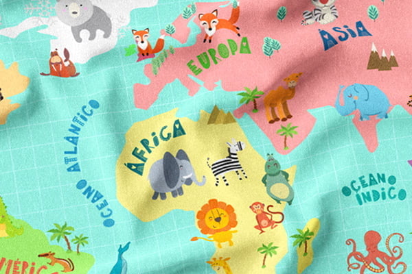 Tecido Tricoline Digital Mapa Mundi Divertido - 100% Algodão - 1m x 1,50m
