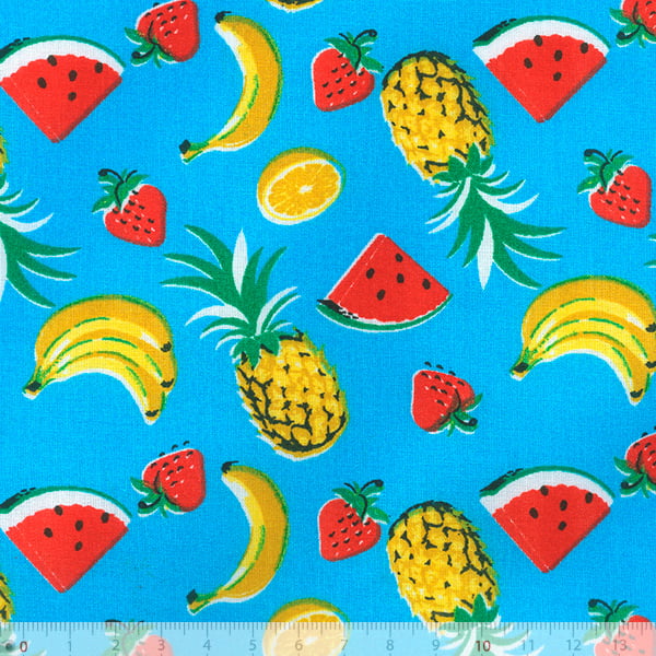 Tecido Tricoline Mix de Frutas - Azul - 100% Algodão - Largura 1,50m