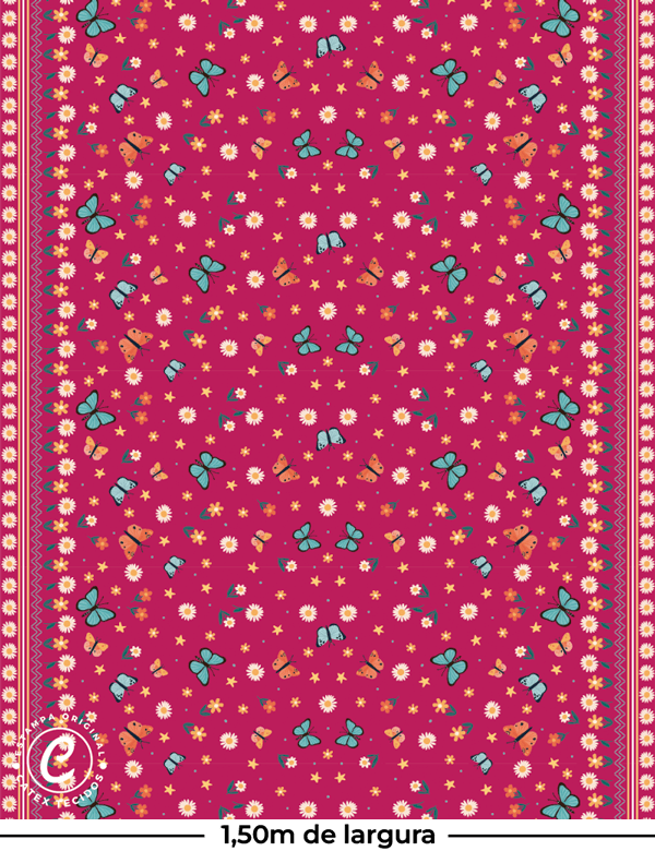 Tecido Viscose Especial Barra de Vestido Infantil - Borboletas - 100% Viscose - Largura 1,40m