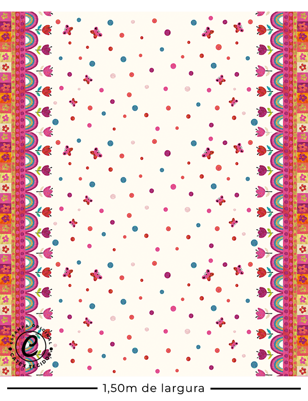 Tecido Viscose Especial Barra de Vestido Infantil - Butterfly Garden - 100% Viscose - Largura 1,40m