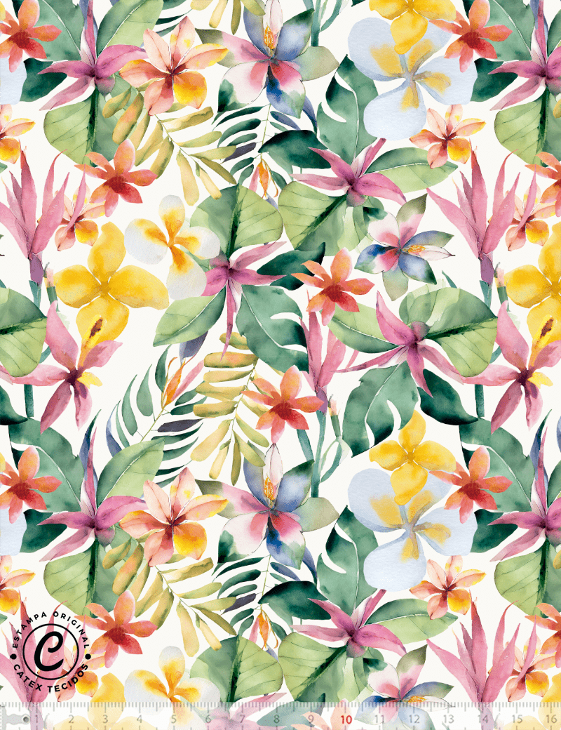 Tecido Viscose Especial Coleção Aquarela Tropical - Flores Tropicais - 55% Algodão e 45% Viscose - Largura 1,50m