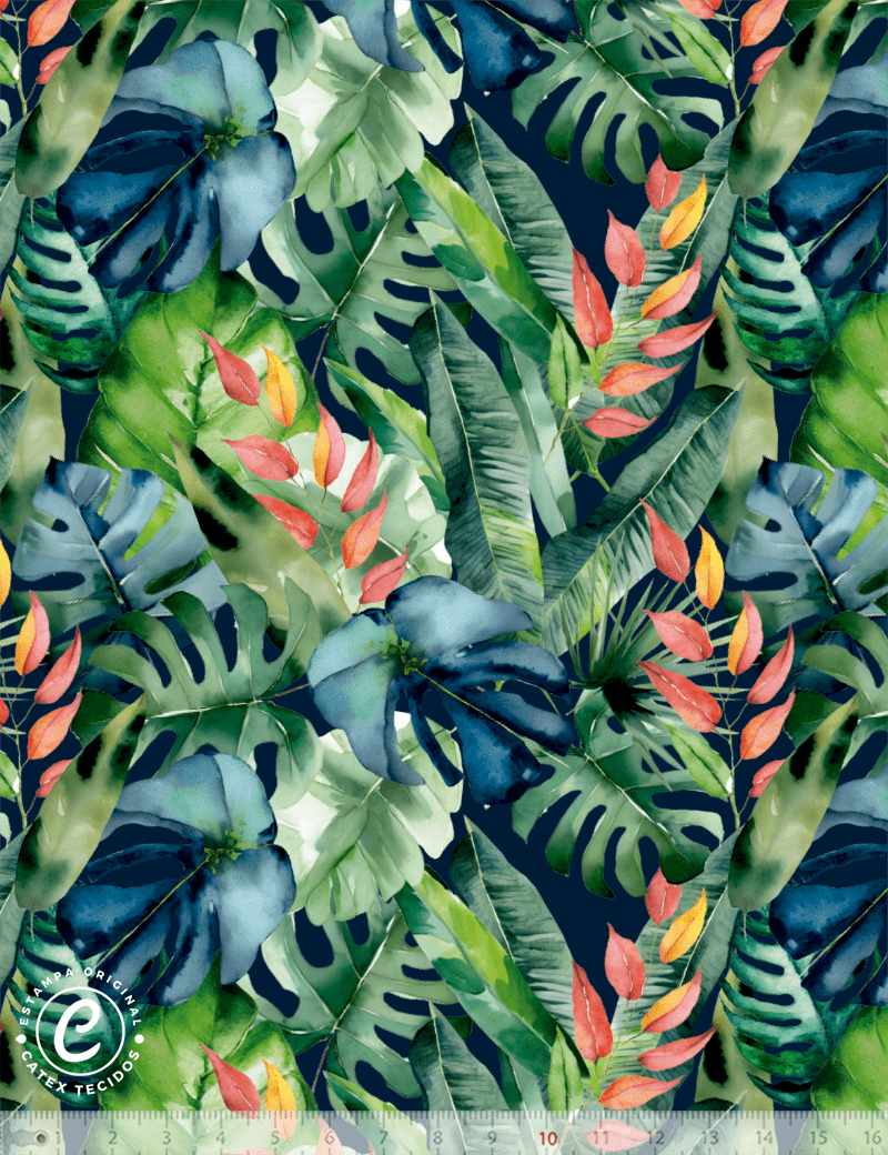 Tecido Viscose Especial Coleção Aquarela Tropical - Folhas da Noite - 55% Algodão e 45% Viscose - Largura 1,50m