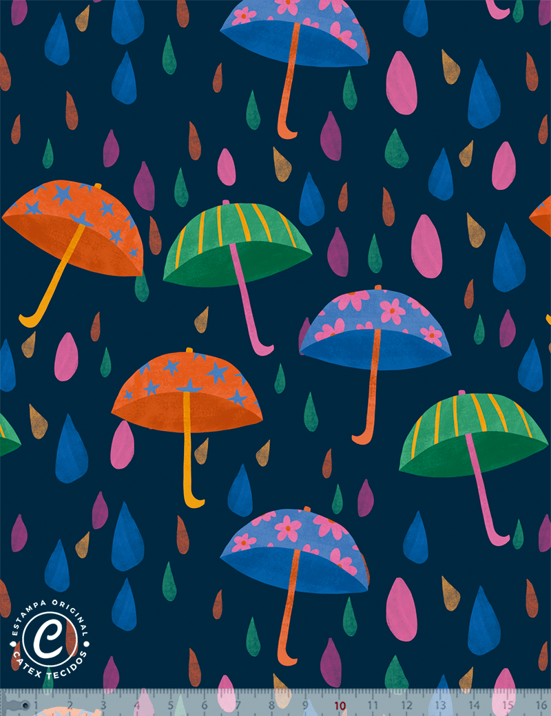 Tecido Viscose Especial Coleção Chuva de Alegria - Guarda Chuva - 55% Algodão e 45% Viscose - Largura 1,50m