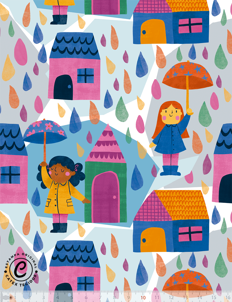 Tecido Viscose Especial Coleção Chuva de Alegria - Meninas na Chuva - 55% Algodão e 45% Viscose - Largura 1,50m