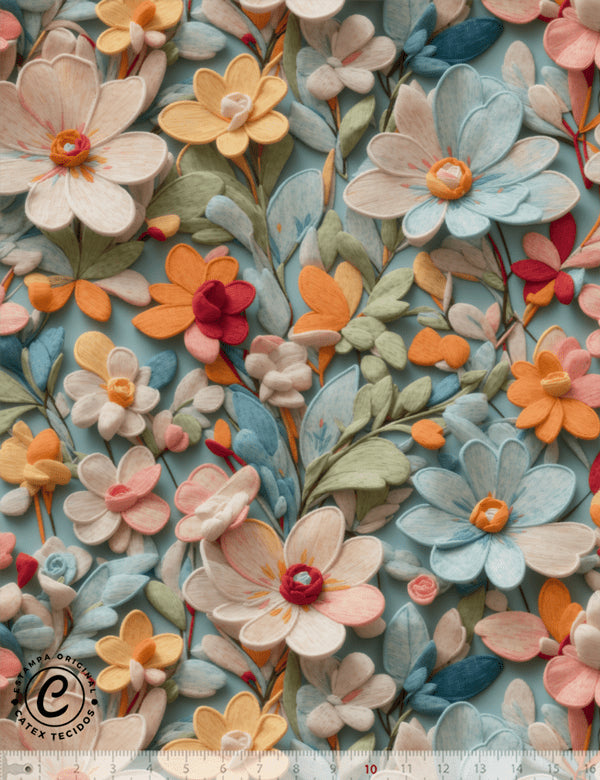 Tecido Viscose Especial Coleção  Coleção 3D - Floral 04 - 55% Algodão e 45% Viscose - Largura 1,50m