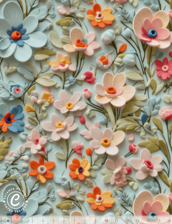 Tecido Viscose Especial Coleção  Coleção 3D - Floral 09 - 55% Algodão e 45% Viscose - Largura 1,50m