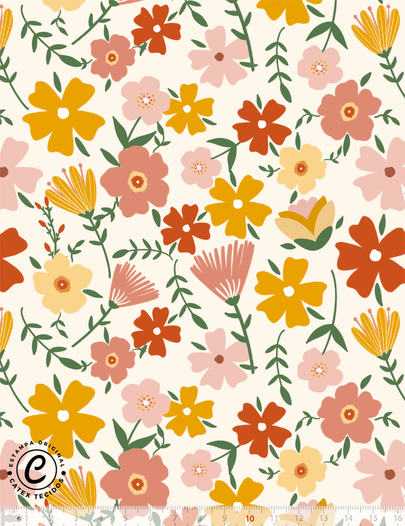 Tecido Viscose Especial Coleção Flores da Fazenda -  Flores Coloridas - 55% Algodão e 45% Viscose - Largura 1,50m