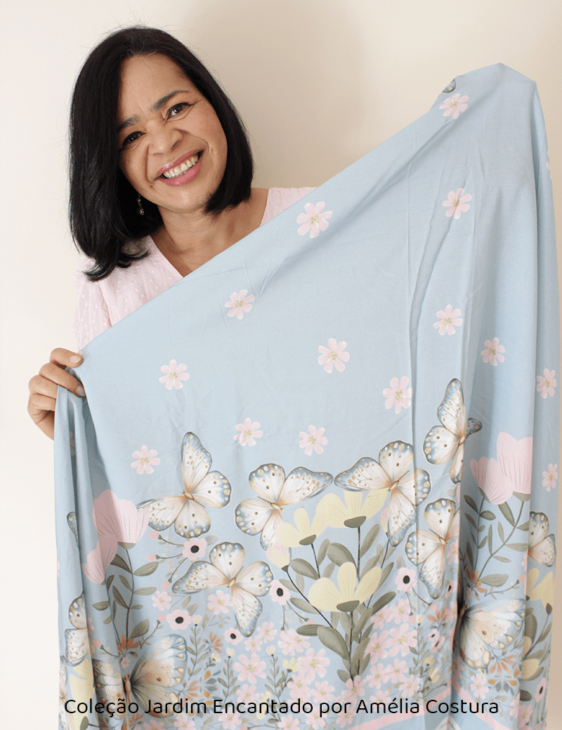 Tecido Viscose Especial Coleção Jardim Encantado por Amélia Costura - Barra de Vestido - Borboletas no Jardim - 100% Viscose - Largura 1,50m