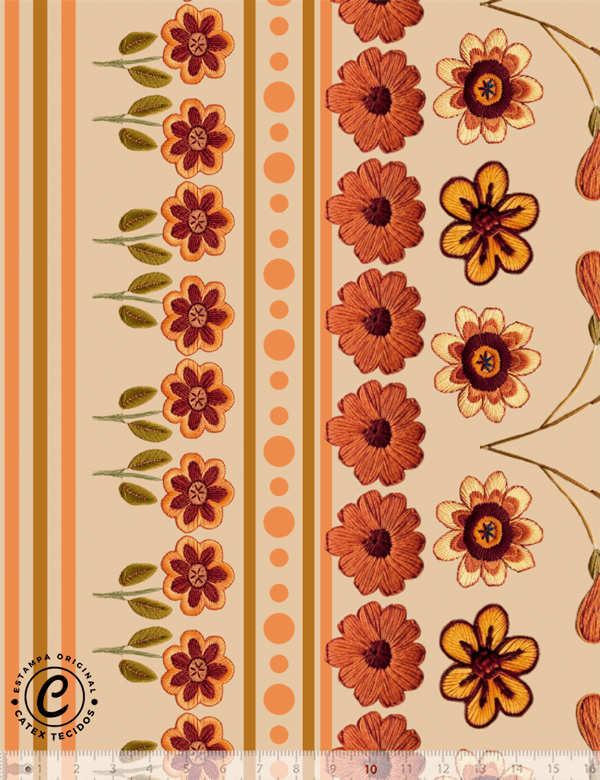 Tecido Viscose Estampada Especial Barra para Vestido - Jardim Persa - 100% Viscose - Largura 1,40m